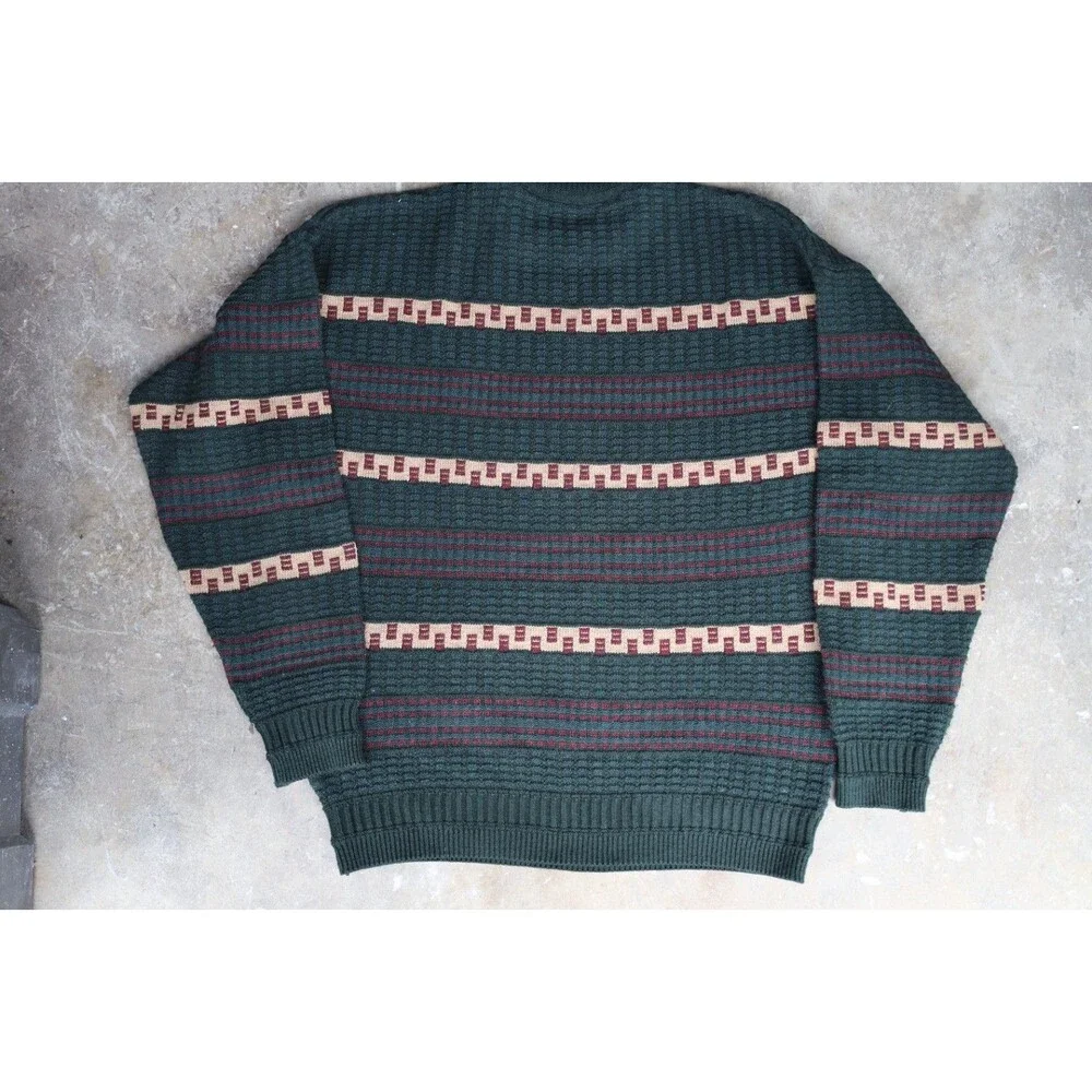 Vintage Van Heusen Sweater Men's XL Green Burgundy Geometric Acrylic 90s Grandpa